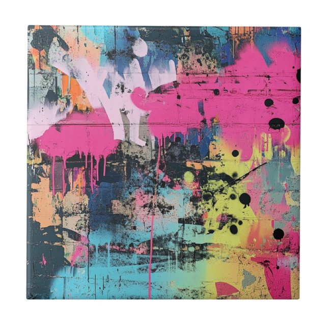 Lebendige Farbspritzer-Graffiti Pink Gelb Blau Fliese (Vorderseite)