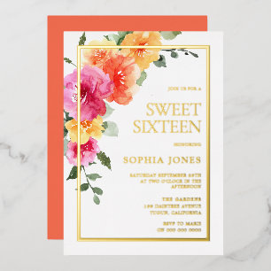 Lebendige Feste Farbige Florale Sweet 16-Party Folieneinladung