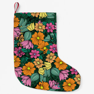 Lebendige Floral: Grüner Hintergrund Vintage. Kleiner Weihnachtsstrumpf