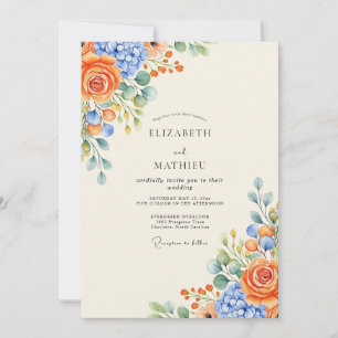 Lebendige Florale Hochzeit in Orange und Immergrün Einladung