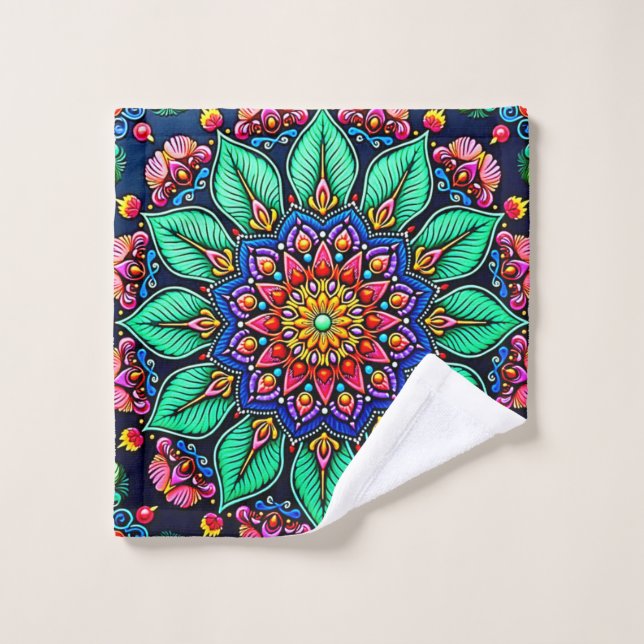 Lebendige florale Mandala-Kunst Badhandtuch Set (Waschlappen)