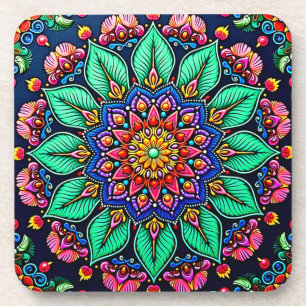 Lebendige florale Mandala-Kunst Getränkeuntersetzer