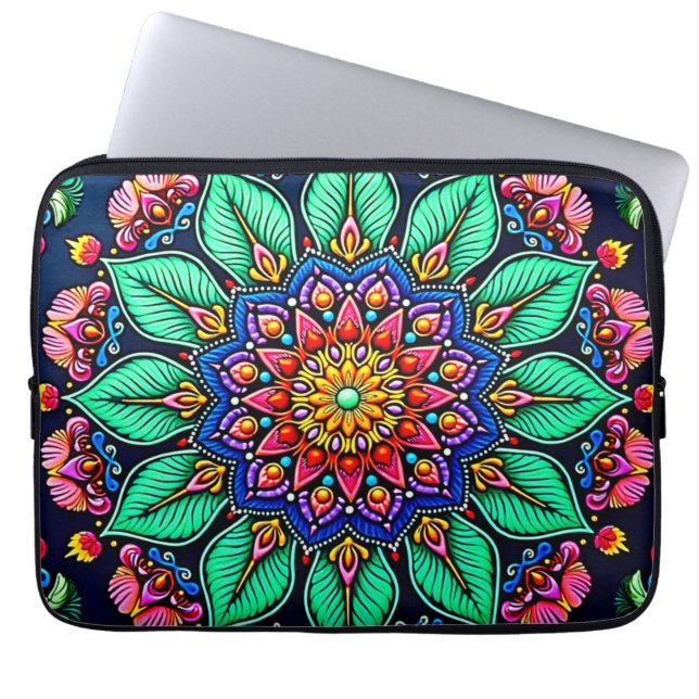 Lebendige florale Mandala-Kunst Laptopschutzhülle (Vorderseite)