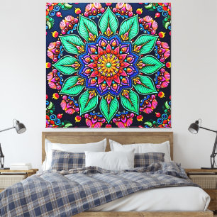 Lebendige florale Mandala-Kunst Leinwanddruck