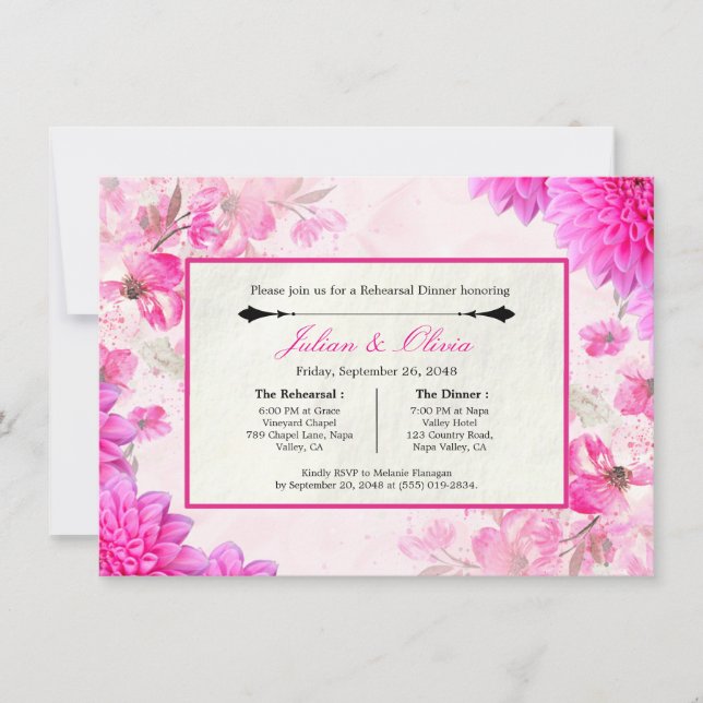 Lebendige Fuchsia-Rosa-Floral-Probe-Dinner Einladung (Vorderseite)