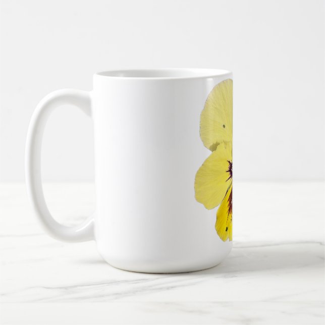 Lebendige gelbe Stiefmütterchen-Blumen-Foto-Kaffee Kaffeetasse (Links)