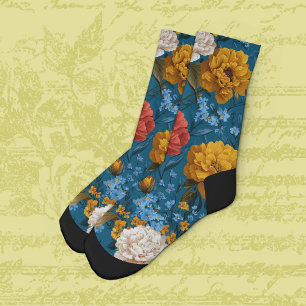 Lebendige gelbe und cremefarbene Farbe auf blauer Socken