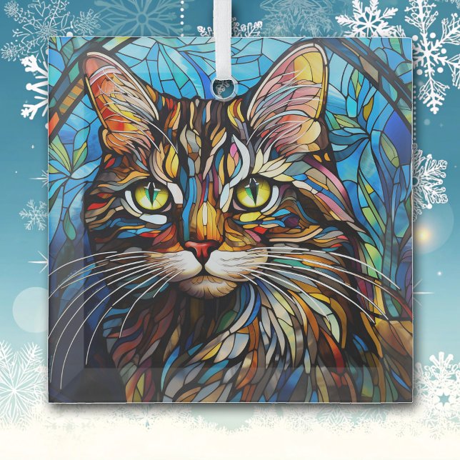 Lebendige getigerte Katze in Buntglasoptik Ornament Aus Glas (Von Creator hochgeladen)