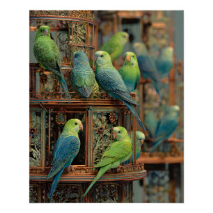 Lebendige Grün Blaue Papageien Exotische Sitzstang Poster