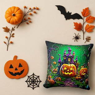 Lebendige grüne Halloween-Burg-Kürbiskunst Kissen