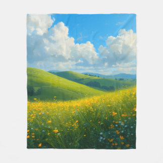 Lebendige grüne Hügel und gelbe Blumen Landschaft  Fleecedecke