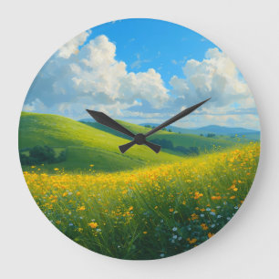 Lebendige grüne Hügel und gelbe Blumen Landschaft Große Wanduhr