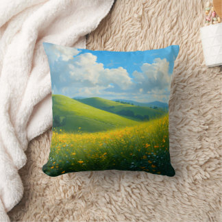Lebendige Grüne Hügel und gelbe Blumen Landschaft  Kissen