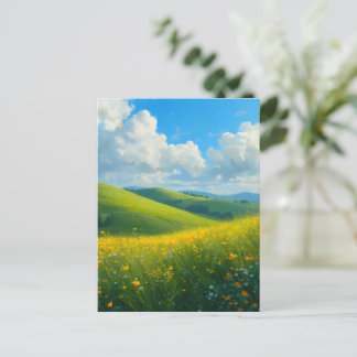 Lebendige grüne Hügel und gelbe Blumen Landschaft  Postkarte