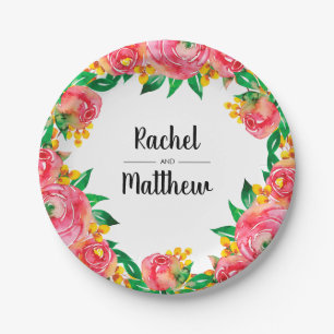 Lebendige, heiße Rosa und gelbe Wasserfarbe Pappteller