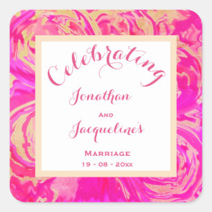 Lebendige Hochzeit in Rosa Elegante Schrift Namen Quadratischer Aufkleber
