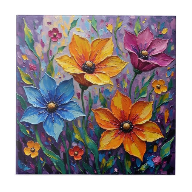 Lebendige Impasto-Wildblumen Fliese (Vorderseite)