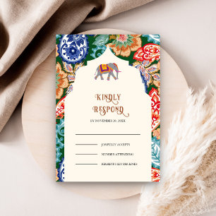 Lebendige indische Volks-Kunst Elefant Creme Hochz RSVP Karte