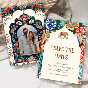 Lebendige indische Volks-Kunst Elefant Creme Hochz Save The Date