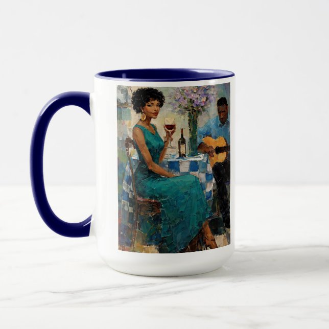 Lebendige Jazz-Frau Teal-Bistro-Kunst Tasse (Links)