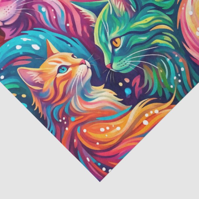 Lebendige Katzen-Traumlandschaft – Psychedelischer Seidenpapier (Ausschnitt)