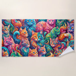 Lebendige Katzen-Traumlandschaft – Psychedelischer Strandtuch
