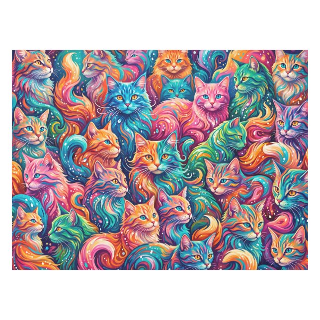 Lebendige Katzen-Traumlandschaft – Psychedelischer Tischdecke (Vorderseite (Horizontal))