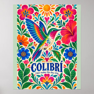 Lebendige Kolibri-Illustration mit farbenfrohen Bl Poster