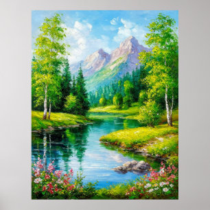 Lebendige Landschaft mit Bergen, Flussszenerie Poster