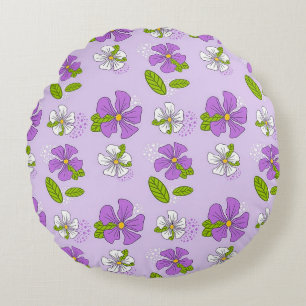 Lebendige lila und weiße Blumen Rundes Kissen