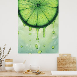 Lebendige Limettengrün-Scheibe Aquarell-Kunst Poster