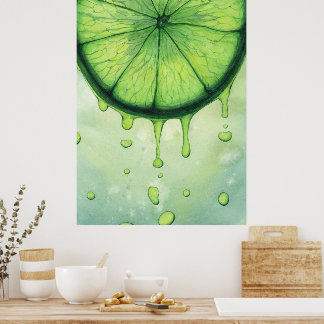 Lebendige Limettengrün-Scheibe Aquarell-Kunst Poster