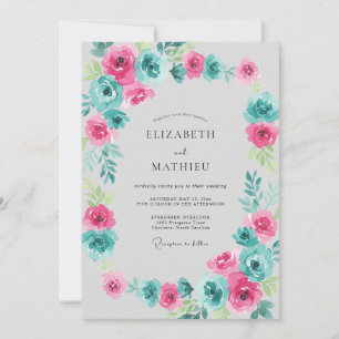 Lebendige Magenta-Teal-Floralhochzeit Einladung
