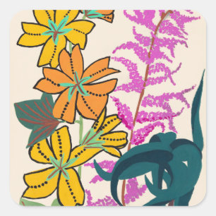 Lebendige Magenta- und Orange-Art-Deco-Blumenkunst Quadratischer Aufkleber