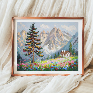 Lebendige Malerei Berg Wildblume Hütte Kunst Poster