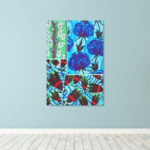 Lebendige maximalistische blaue und grüne Blumenku Leinwanddruck