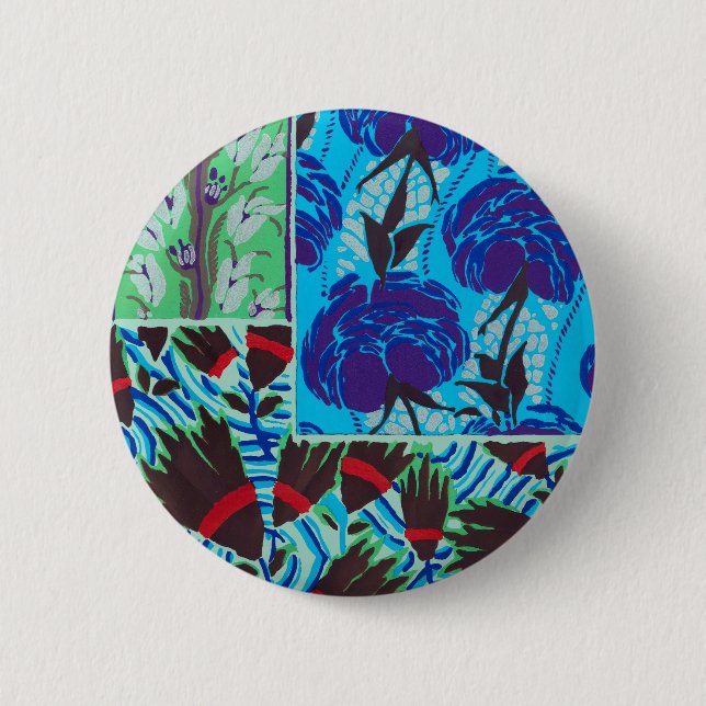 Lebendige Maximalistische Blaue und Grüne Florale  Button (Vorderseite)