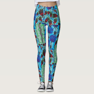 Lebendige Maximalistische Blaue und Grüne Florale Leggings