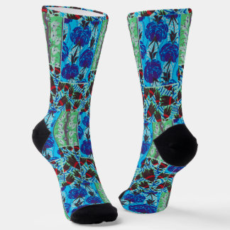 Lebendige Maximalistische Blaue und Grüne Florale  Socken