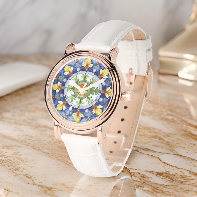 Lebendige Medallion Symmetrische Blätter Floral Ma Armbanduhr (Zazzle Vibrant Medallion Symmetric Leafs Floral Majolica Watch)