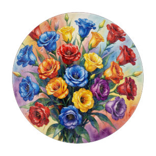 Lebendige mehrfarbige Rosen Lisianthus Aquarell Schneidebrett