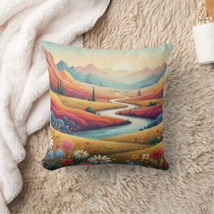 Lebendige moderne Berglandschaft mit Sonnenunterga Kissen