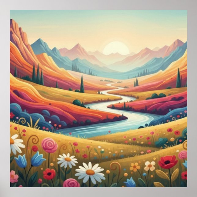 Lebendige moderne Berglandschaft mit Sonnenunterga Poster (Vorne)