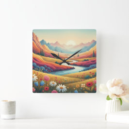 Lebendige moderne Berglandschaft mit Sonnenunterga Quadratische Wanduhr