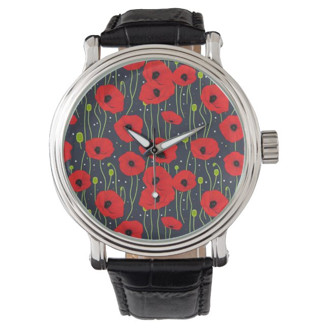 Lebendige moderne rote Mohnblumen-Musterkunst Armbanduhr (Vorderseite)