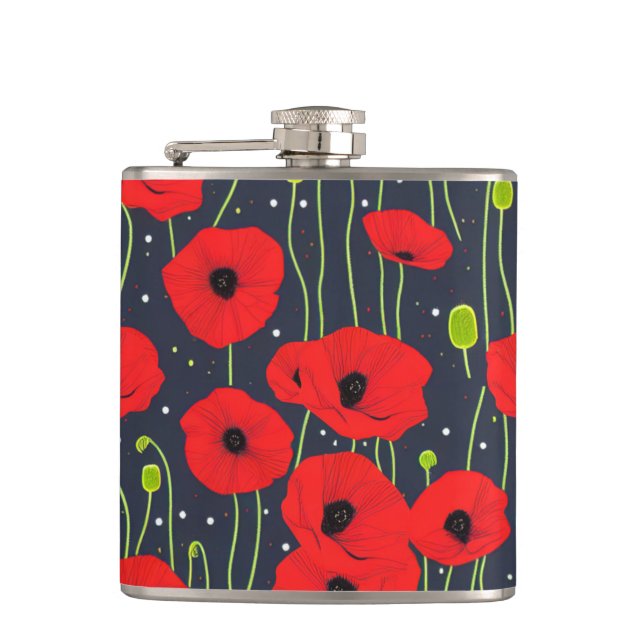 Lebendige moderne rote Mohnblumen-Musterkunst Flachmann (Vorderseite)