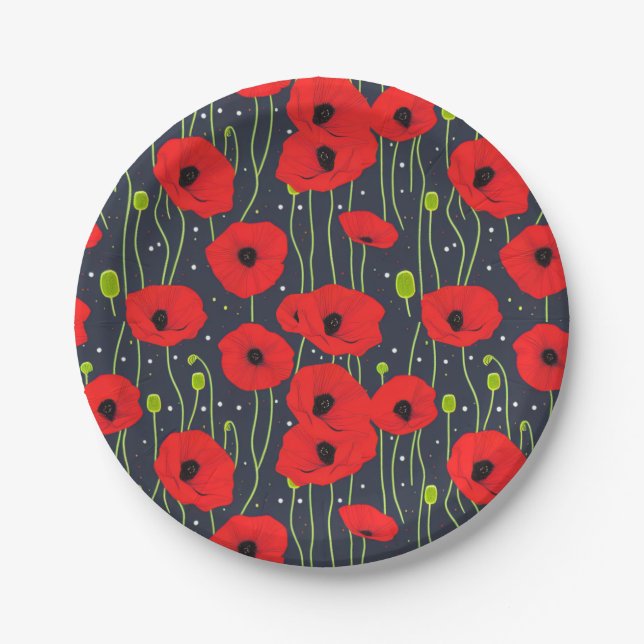 Lebendige moderne rote Mohnblumen-Musterkunst Pappteller (Vorderseite)