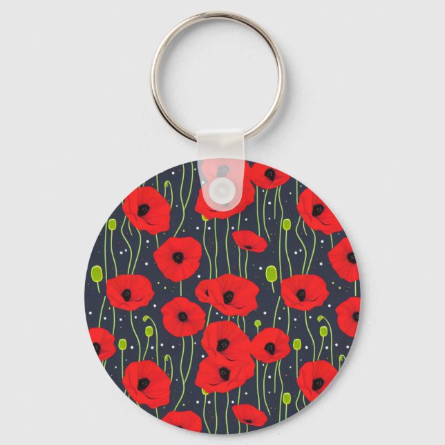 Lebendige moderne rote Mohnblumen-Musterkunst Schlüsselanhänger (Vorderseite)