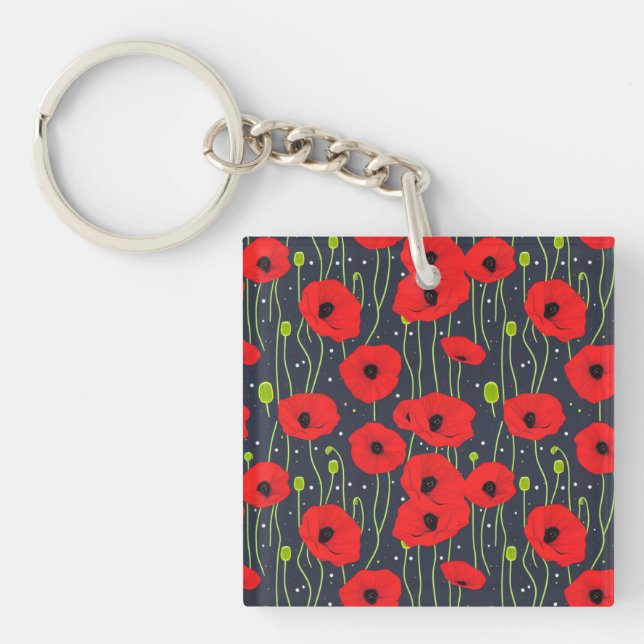 Lebendige moderne rote Mohnblumen-Musterkunst Schlüsselanhänger (Vorderseite)