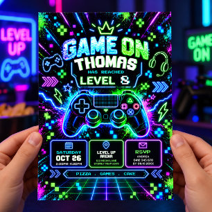 Lebendige Neon-Glowing-Videospiel-Jungen-Geburtsta Einladung